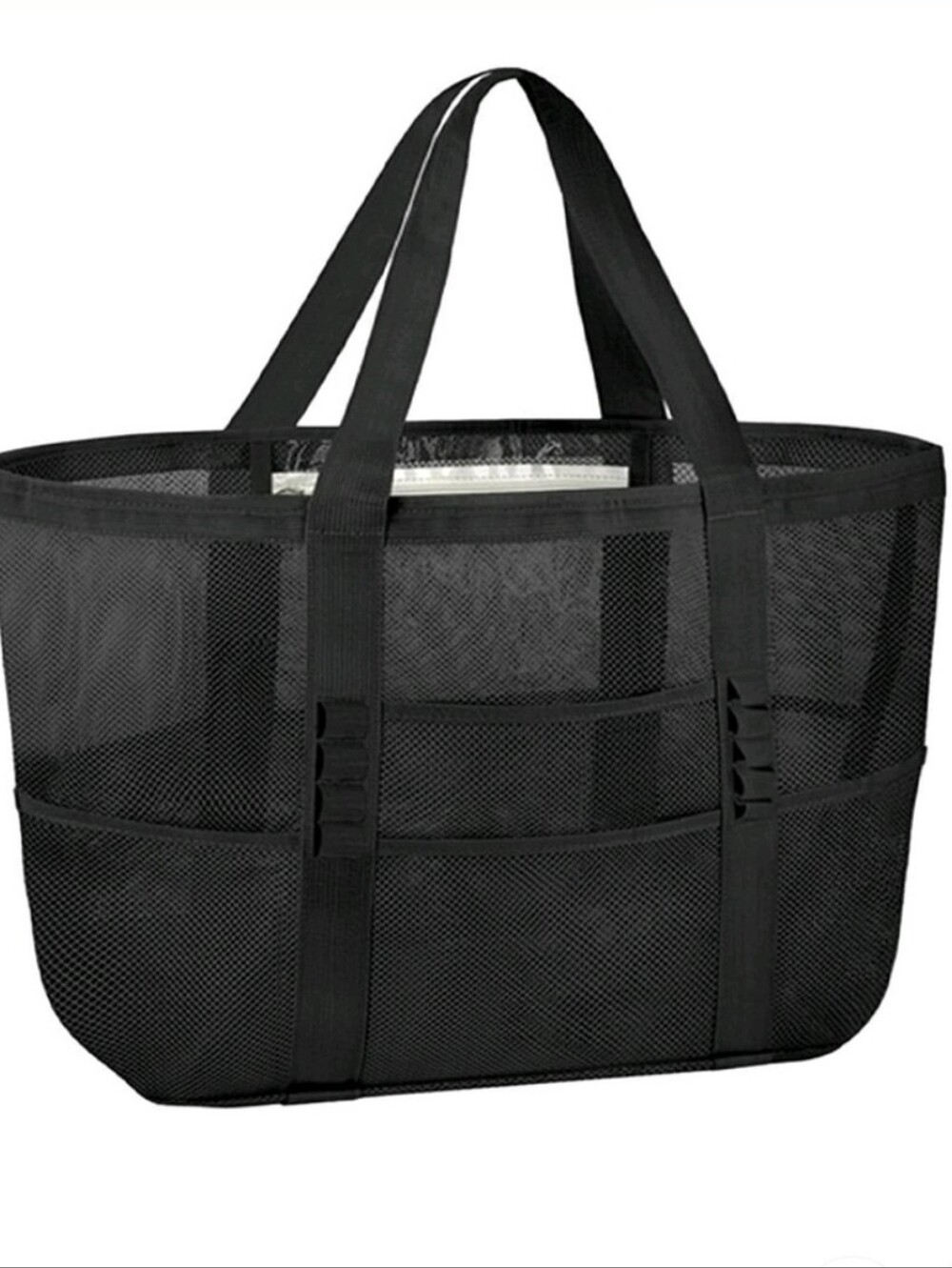 Black Mesh Beach Tote Bag 7 Pockets Waterproof Zipper Pocket 9 Rings